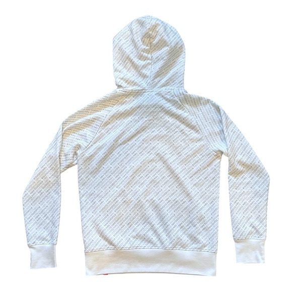 New Balance All-Over Wordmark Logo Hoodie in White/Gray/Bright Coral Men’s Small - Picture 2 of 5